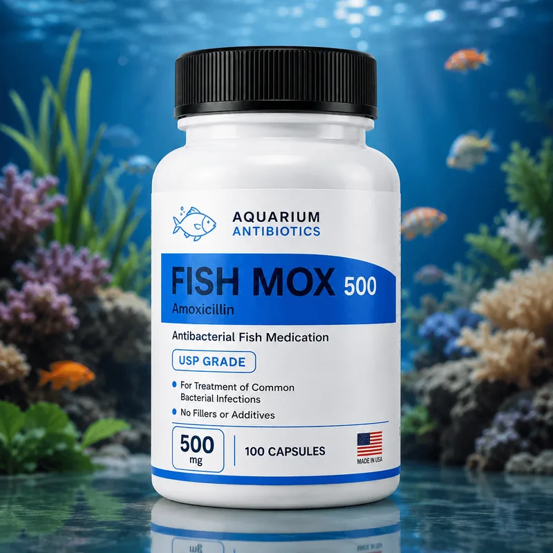 Fish Mox 500mg amoxicillin capsules bottle for aquarium fish