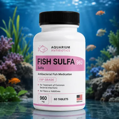 Fish Sulfa 960mg 60-Tablets bottle - Sulfamethoxazole/Trimethoprim antibiotic for aquarium fish