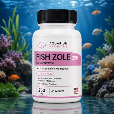 Fish Zole 250mg 60-Capsules bottle - Metronidazole antiparasitic for aquarium fish